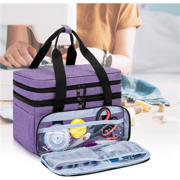 Double Layer Sewing Accessories Organizer with 2 Detachable Pouches, Purple - Picture 4 of 6